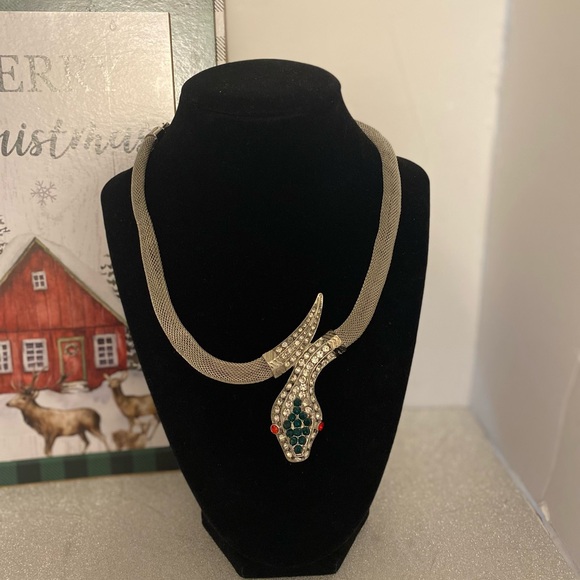 Silver Snake Necklace with Green and Red Accents - Picture 1 of 6